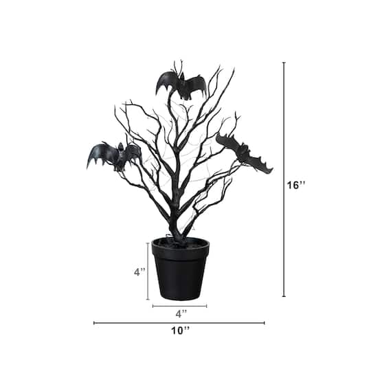 16" Pre-Lit Artificial Halloween Black Spooky Twig Tree with Bats and 20 Orange & Purple LED Lights
